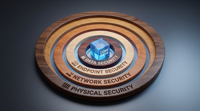 Concentric rings illustrating the Defense in Depth cybersecurity strategy concept with layers of physical network endpoint and data security protecting a central glowing cube