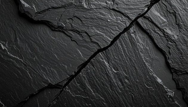 Natural Black Slate Stone Texture with Deep Natural Crack, Dark Rock Background