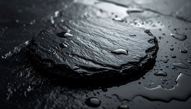 Wet Black Slate Stone with Water Drops, Zen Spa Rock Background Texture
