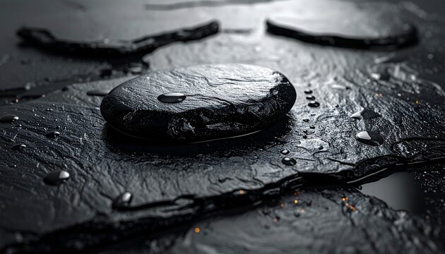 Black Zen Basalt Stone with Water Drops on Wet Slate, Spa Wellness Background