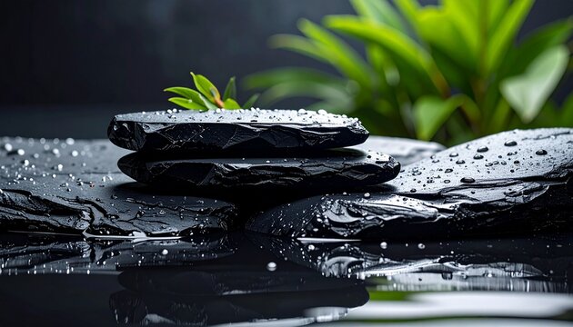 Zen Spa Stones with Green Leaves on Wet Slate, Luxury Wellness Background