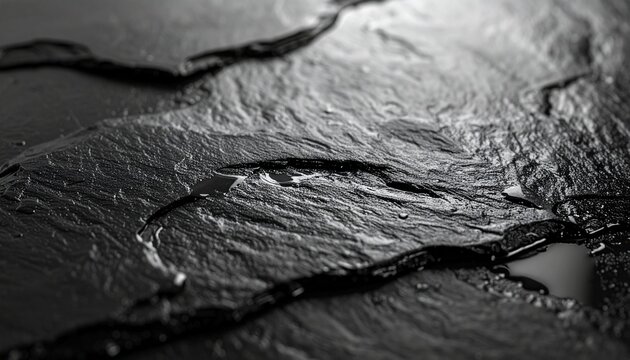 Wet Black Slate Stone Texture with Natural Crack, Dark Rock Background