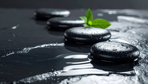 Zen Spa Stones with Water Ripples and Green Leaf, Wellness Background with Copy Space