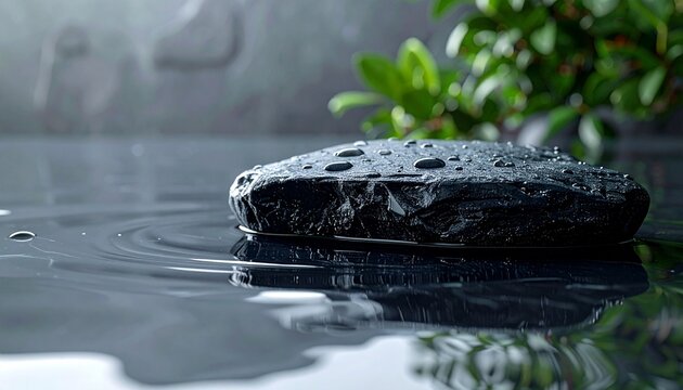 Zen Basalt Stone on Water with Ripples, Spa Wellness Background and Copy Space