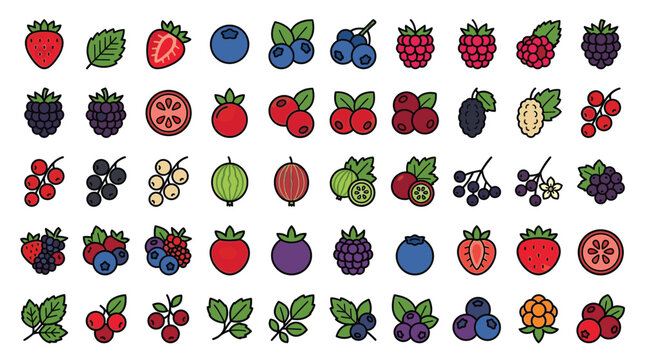 Colorful mixed berries and fruit icons collection