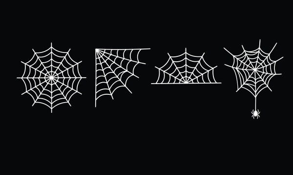 Spider Webs with a Spider Hanging From One, Illustrated on a Black Background Featuring Web, Arachnid, Insect with Illustration