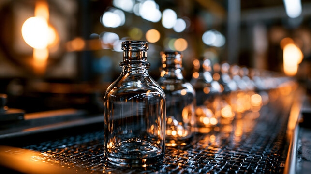 Close up of glass bottle manufacturing with freshly moulded containers leaving the forming station at a bright glassworks gleaming transparent shapes in a row glass bottle