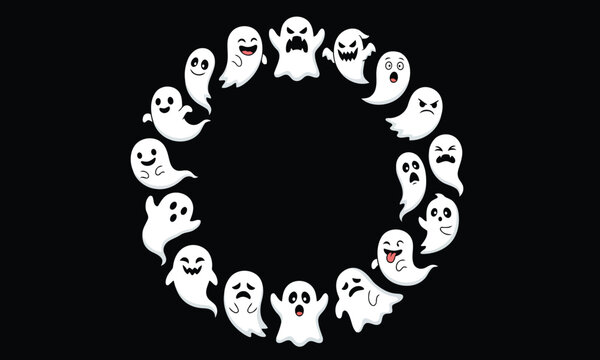 Ghosts Arranged in a Circular Pattern with Various Facial Expressions on Black Background Featuring Ghost, Spirits, Circle