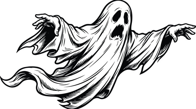 Ghost Illustration with Outstretched Arms and Flowing Fabric in a Dynamic Pose Featuring Spooky, Halloween, Spirit with Eerie