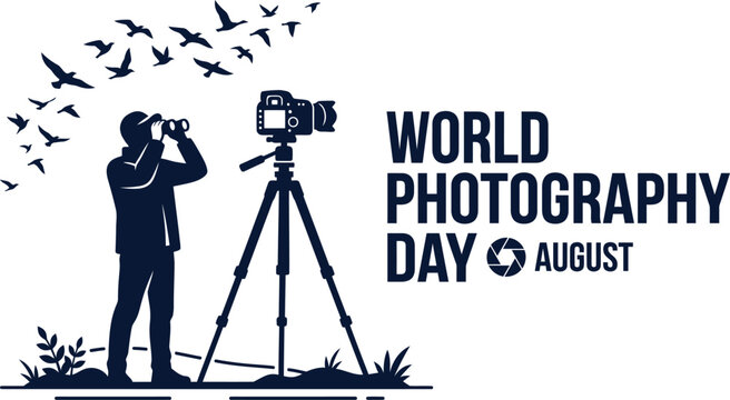 World photography day celebration photographer with camera and flying birds illustration