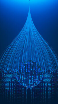 Digital data sphere with flowing binary background in blue color