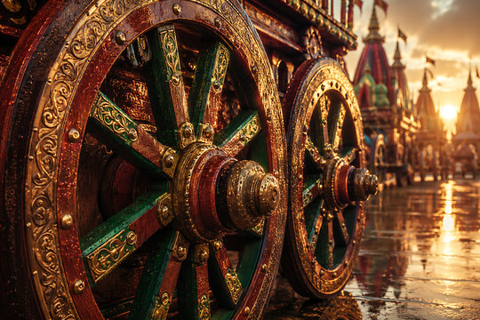 View of grand red and green painted chariot wheels glistening with raindrops reflecting warm sunset light during jagannath rath yatra and rath yatra
