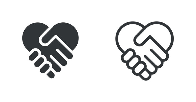 Heart shaped handshake icon two variations in line and solid styles on a transparent setting