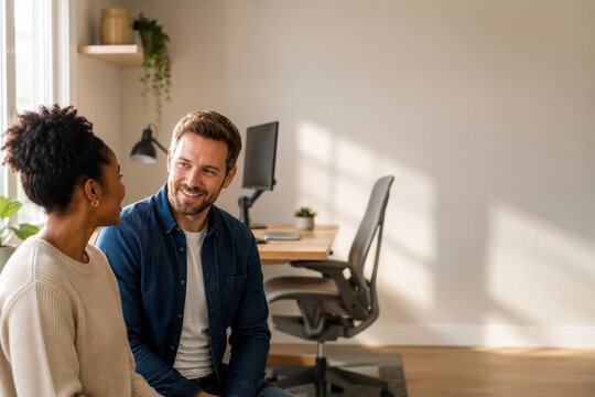 Coworkers Discuss Employee Benefits in a Modern Home Office