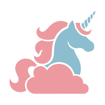 Unicorn head with pink mane and tail, blue body