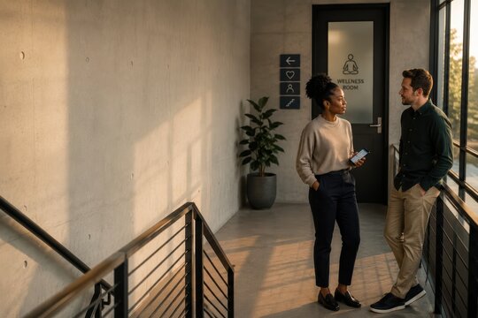 Coworkers Navigate Benefits Support in an Office Stairwell