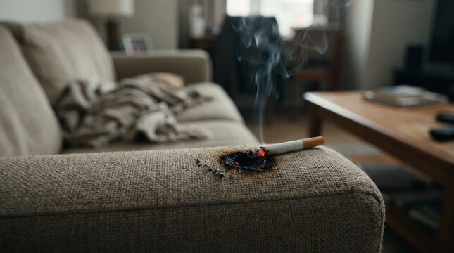 Marijuana Joint Burning on Couch with Smoke in Living Room.