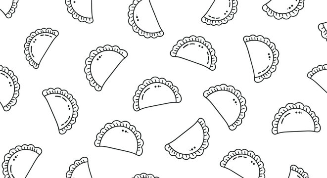 Seamless pattern of hand drawn dumplings or pierogi in black and white outline style on a white background.