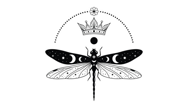 Mystical celestial dragonfly with crescent moon and stars on its wings under a royal crown in line art style.