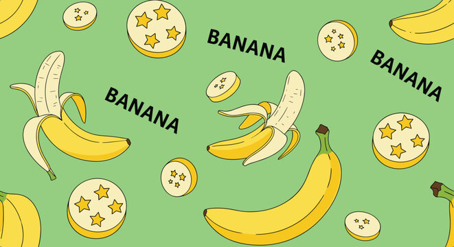 Seamless pattern of fresh yellow bananas and star shaped slices on a bright green background with text.