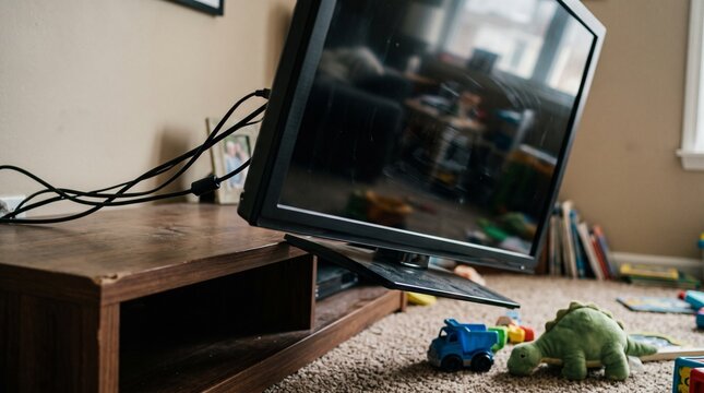 Television precariously balanced on entertainment center with toys scattered on floor.