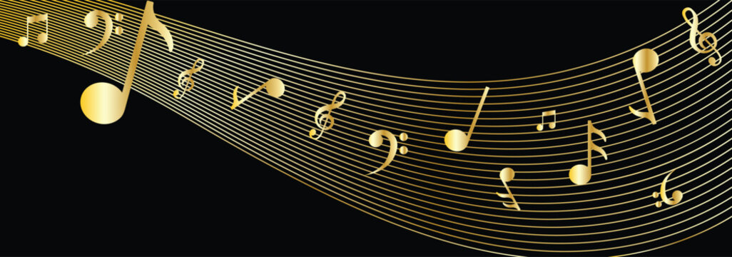 Music notes wave set. Spiral and wavy musical staff lines with melody clefs clefs notes. Music notes wave icon set on isolated background.
