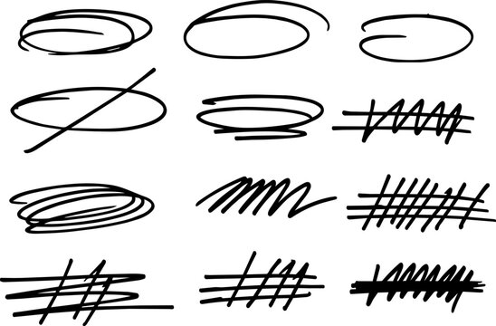 Set of handdrawn scribble elements, vector brush strokes, circles, and crossout lines