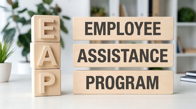 Employee Assistance Program EAP acronym on wooden blocks, workplace mental health and wellness concept, corporate HR benefits for staff support