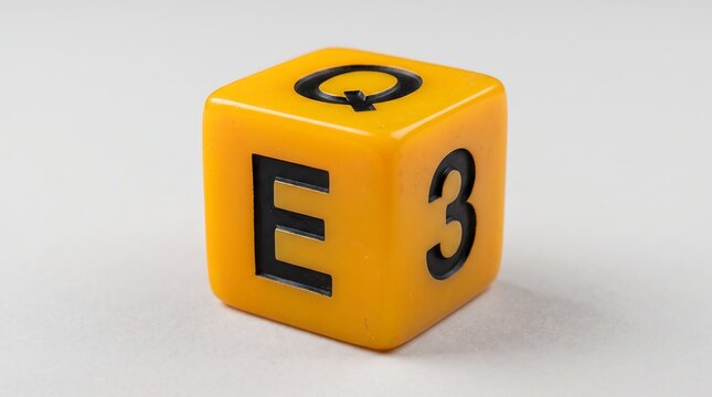 Yellow plastic cube with black letters EQ3, financial third quarter business concept, quarterly earnings report symbol on white background
