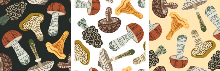 scandinavian autumn mushroom seamless pattern set hand drawn vector illustration for cozy home decor textile and fall greeting card © pani_Nadichka