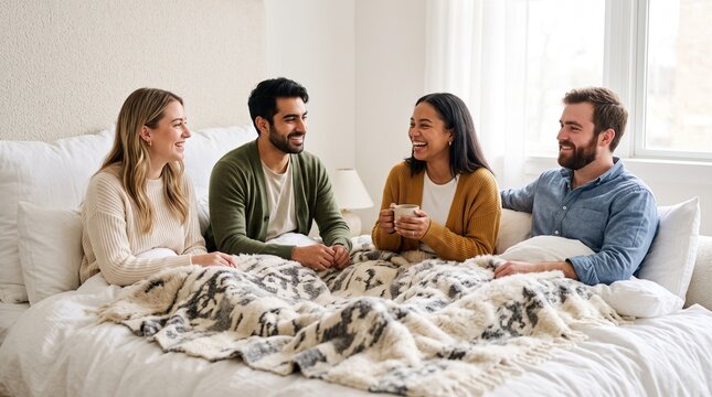 Four diverse young adults sit on a bed together, laughing and talking warmly under a cozy patterned blanket in a bright, modern room.
