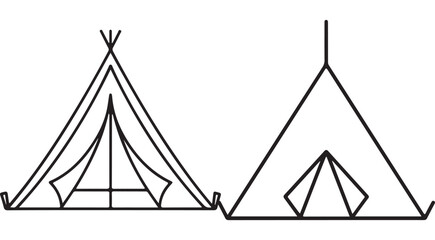 Minimalist camping tent outline icons with teepee and classic pyramid tent vector illustration for outdoor adventure design © Andikia
