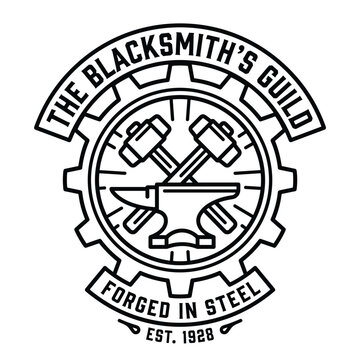 Blacksmith guild emblem with crossed hammers and anvil.