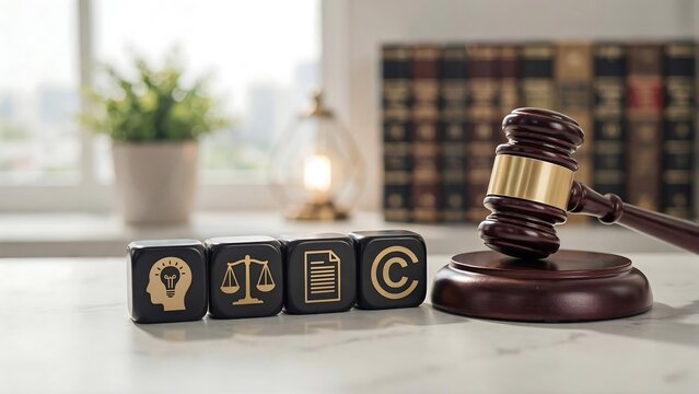 Intellectual property concept with wooden gavel and golden icons representing idea, balance, document, and copyright on white table.