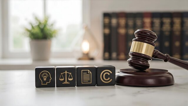Intellectual property concept with wooden gavel and golden icons representing idea, balance, document, and copyright on white table.