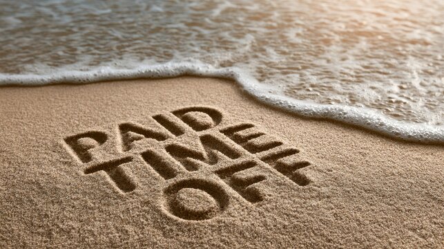 Paid time off written in the sand on a tropical beach. Concept for vacation benefits and employee work-life balance.