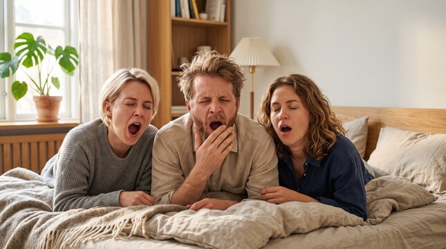 Three friends or roommates lying on a cozy bed in a bright bedroom, yawning together, showing signs of exhaustion and morning sleepiness.