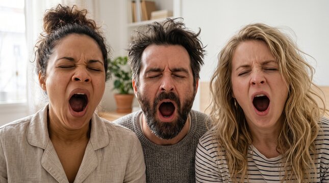 A diverse group of three friends&mdash;two women and one man&mdash;simultaneously yawning with eyes closed, looking extremely tired and sleepy indoors.