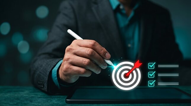 Businessman using a digital pen to complete a target checklist on a tablet interface representing goal achievement and successful strategic project management