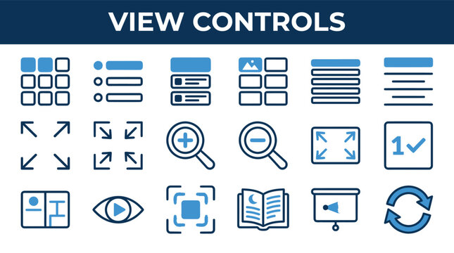 View controls interface icon collection with grid list zoom fullscreen preview presentation and refresh navigation symbols