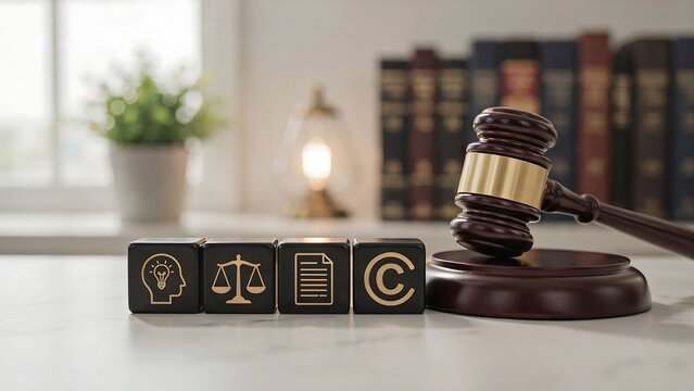 Intellectual property concept with wooden gavel and golden icons representing idea, balance, document, and copyright on white table.