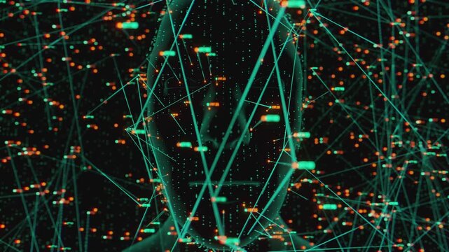 Futuristic digital human silhouette integrated with complex neural network. Abstract data visualization, HUD interface infographics and telemetry metrics analyzing human mind and artificial intelligen