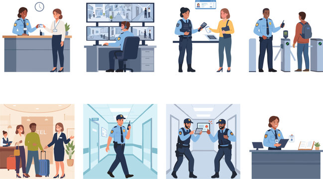 Set of flat vector illustrations featuring security guards monitoring CCTV checking IDs patrolling and hotel reception services