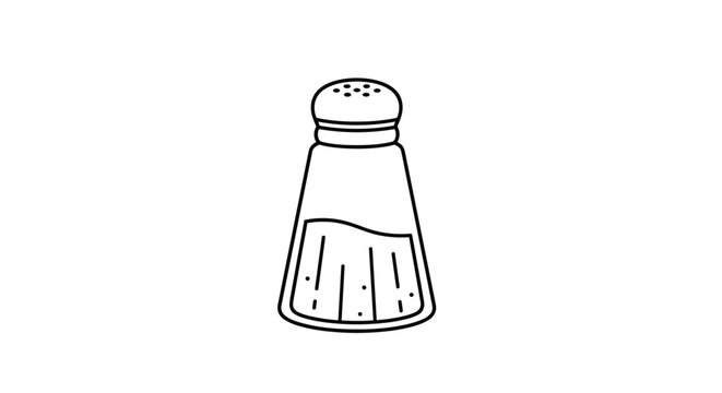 Minimalist black and white line art illustration depicts a classic glass salt shaker with a metal cap and visible grains inside.