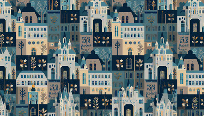 Seamless pattern of stylized European-style buildings in a muted blue, cream, and brown color palette, featuring whimsical architectural details and folk art motifs. © evans