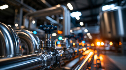 Fototapeta premium Gleaming stainless steel pipes and a storage tank carrying product and water through a bright factory production room polished curves and valves stainless steel pipes storage