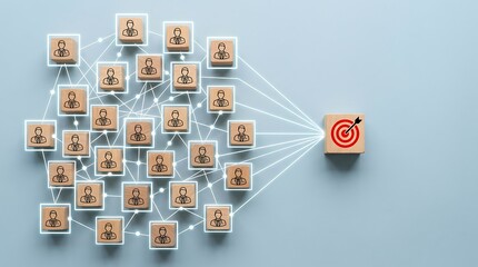 Fototapeta premium Wooden blocks with human figures connected by lines leading to a red target icon representing strategic team targeting and business goal achievement concepts