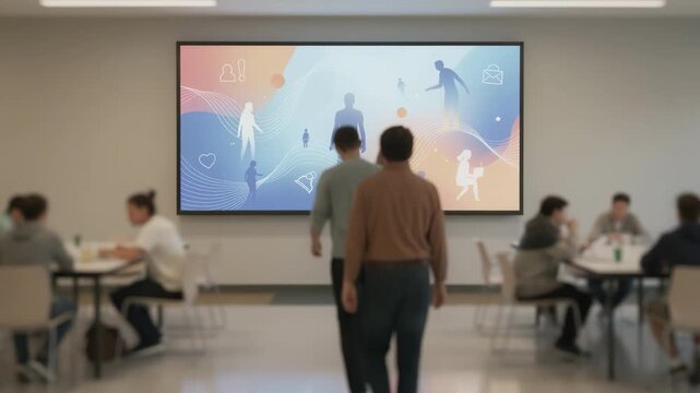 Digital display in a cafeteria showcasing mental health support options focused poster with vibrant graphics surrounding cafeteria environment gently out of focus.