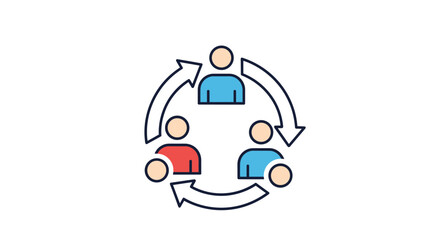 Naklejka premium Human resources icon depicting three colorful employee icons connected in a circular rotation flow with white arrows.