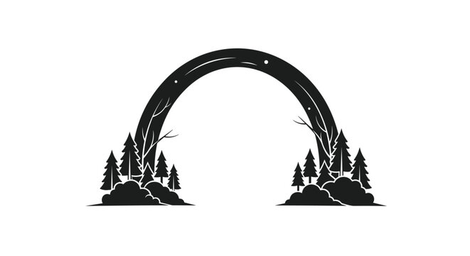 Solid black silhouette shows a tall arch rising from a base of pine trees and bushes, creating a natural frame or portal.